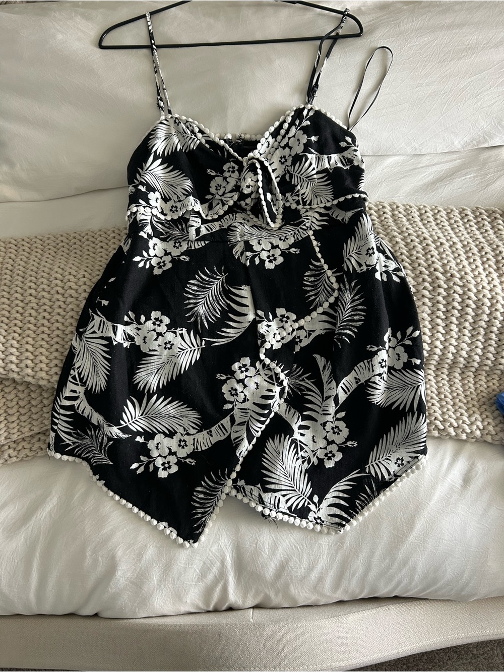 Miami Black Dress with White Pom-Pom Trim